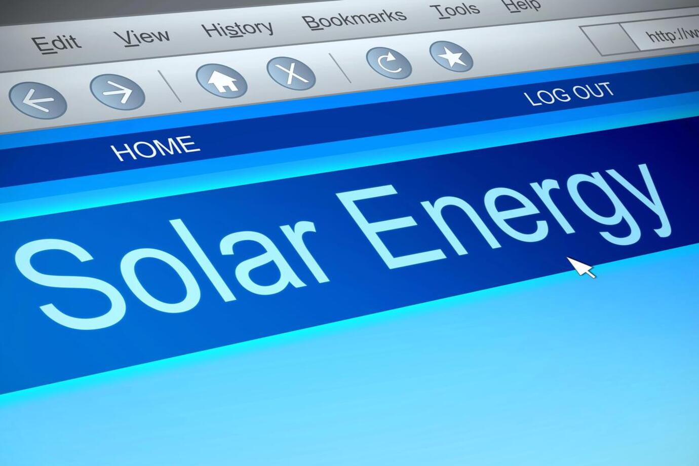 Solar energy typed on computer screen in blue. More than solar panel blog image for Havering area page. Installers of solar panels, EV chargers, air con, air source heat pumps and solar battery storage systems across Essex, London and Kent.